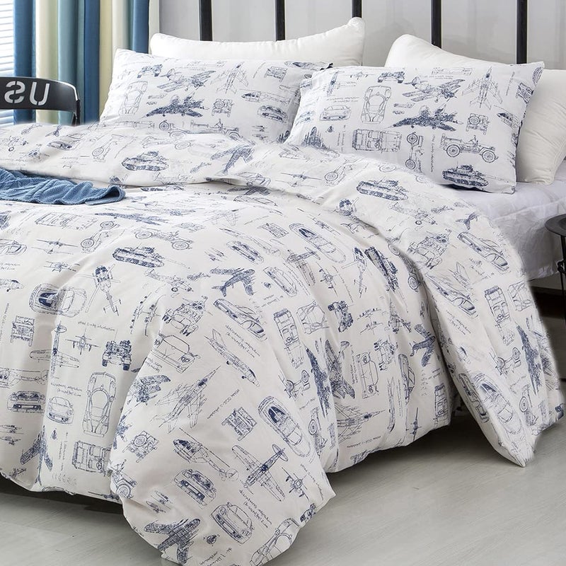 CLOTHKNOW Kids Twin Duvet Cover Sets 3Pcs Traffic Cartoon Bedding Duvet Covers Sets Cars Aircraft Tank Vehicles Duvet Cover with 2 x Pillow Cases - Image 2